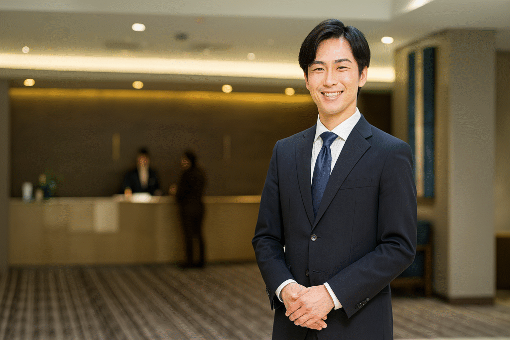 ホテルの支配人が立って微笑むシーン