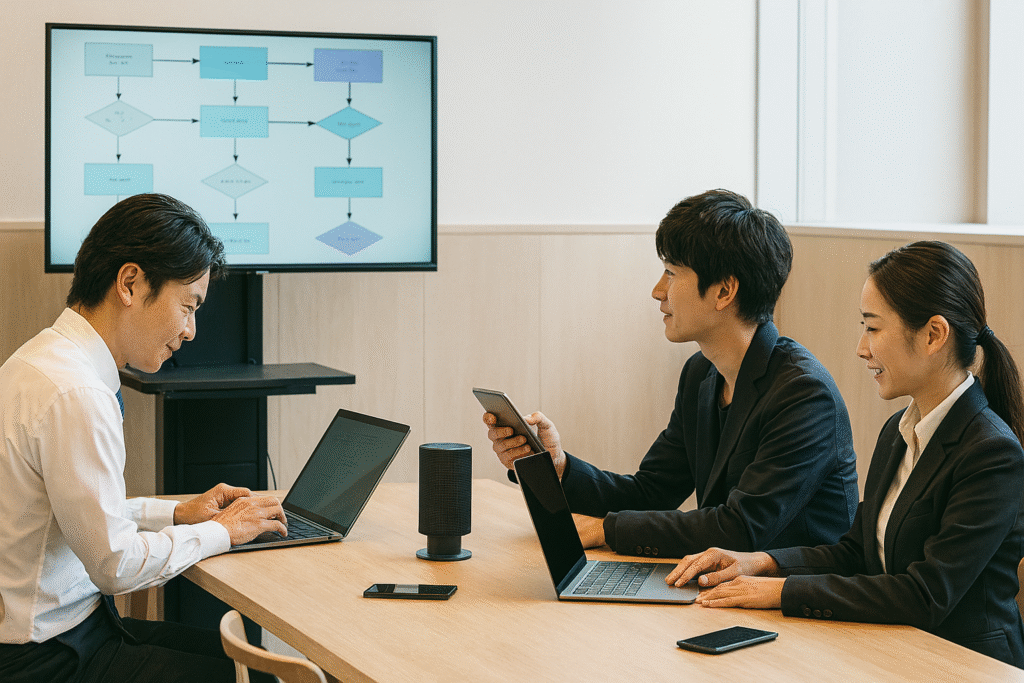ホテルの業務効率化について会議をしているホテル従業員