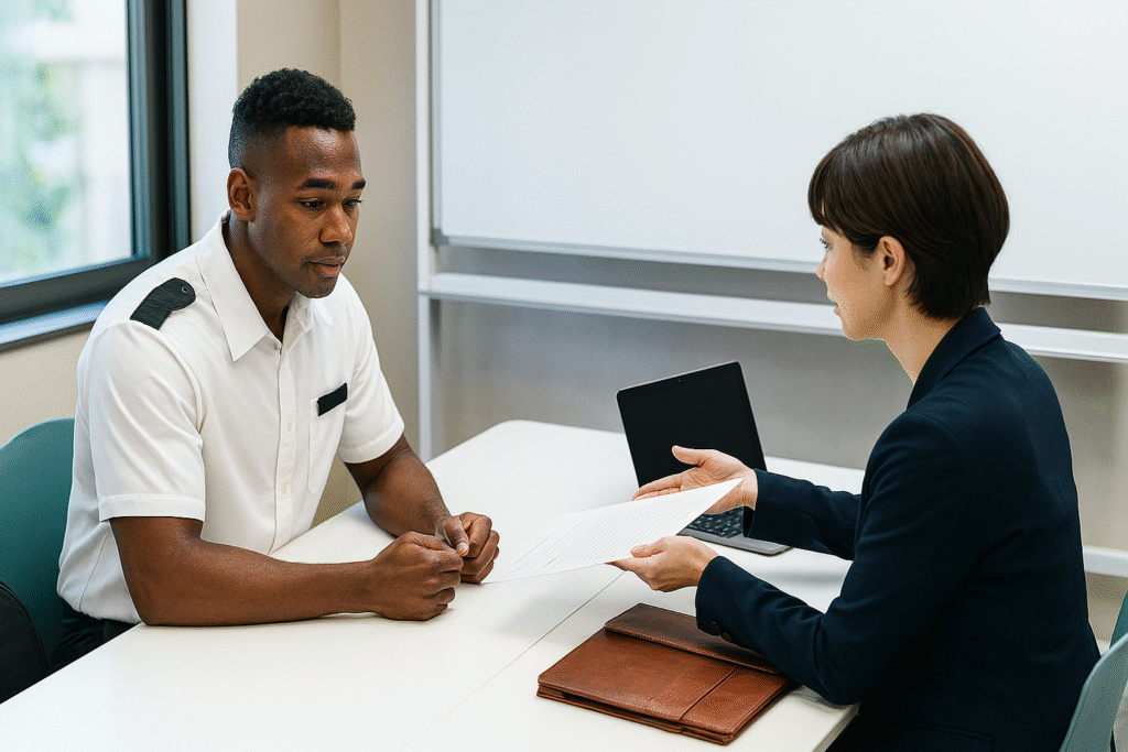 ホテル業界の従事者が外国人スタッフのサポートをしているシーン