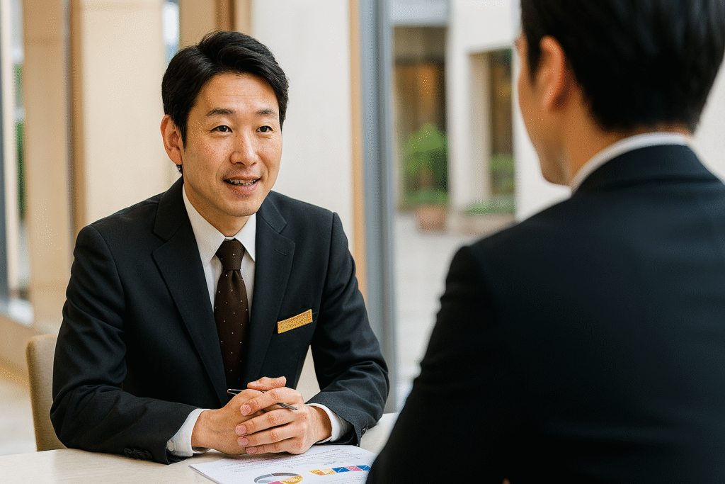 ホテル業界の従事者が評価・フィードバックをしているシーン