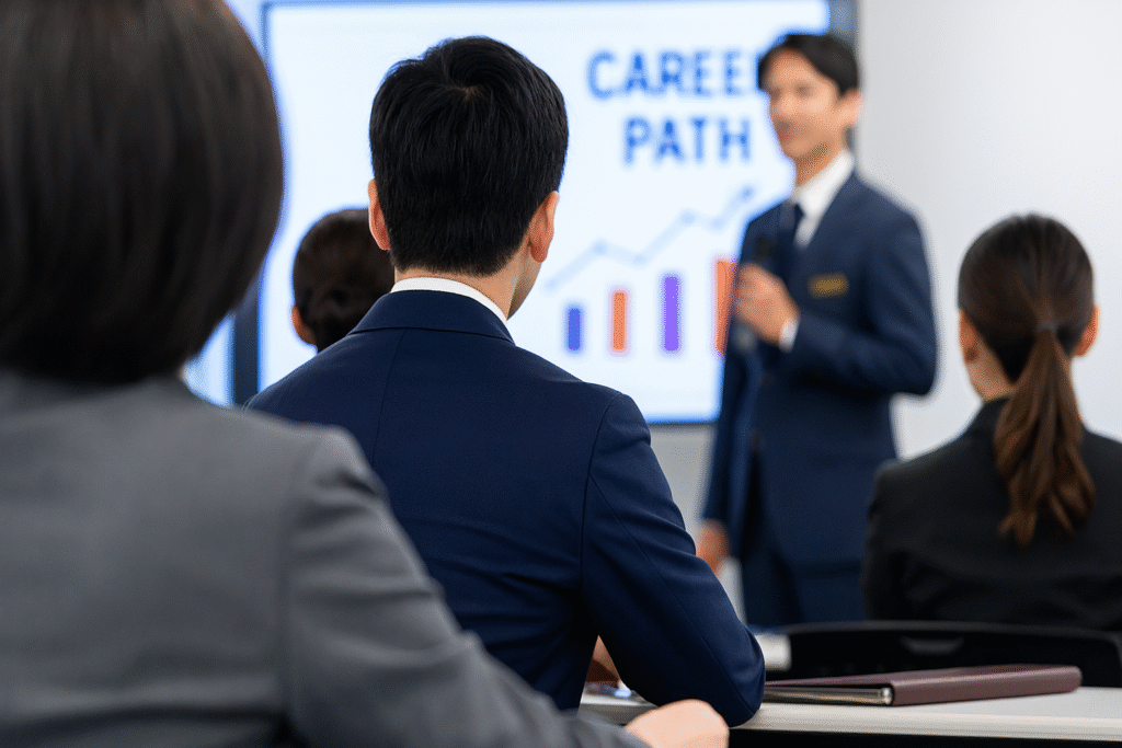 充実した教育研修と明確なキャリアパスの研修をするホテル業界の従事者