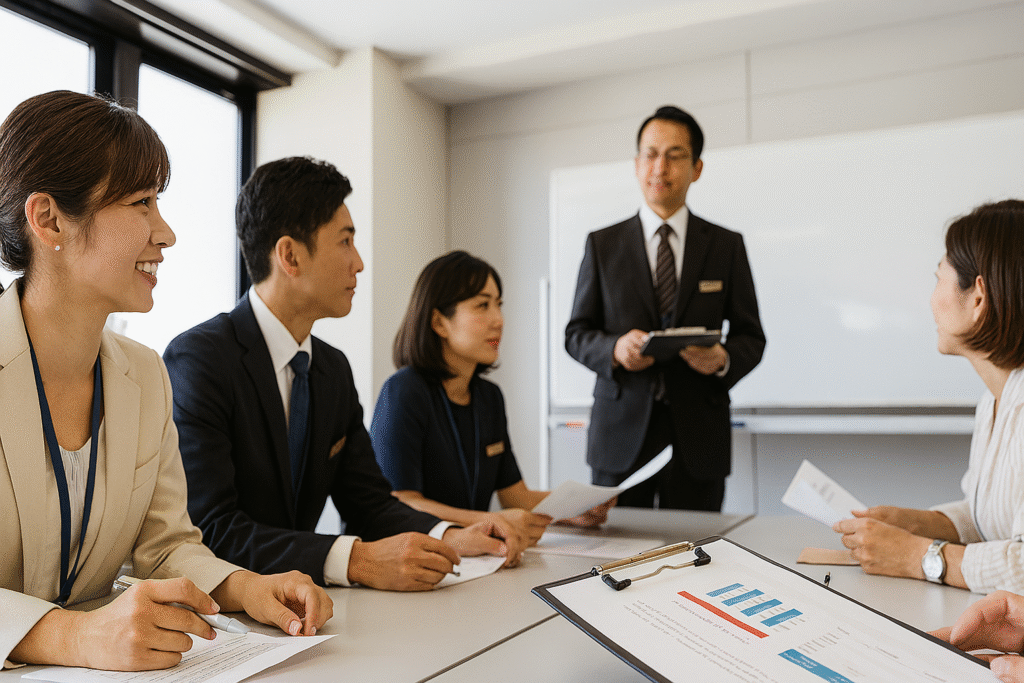 業界水準を踏まえた賃金・待遇の改善を議題にMTGをするホテルの担当者たち