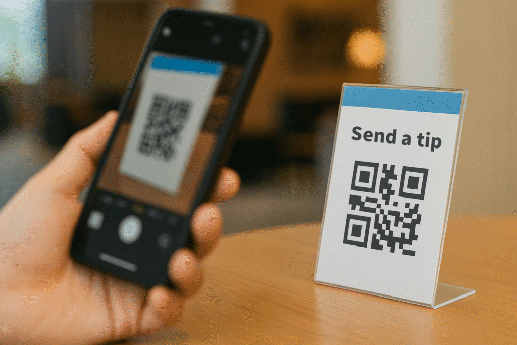 QRコードを読み込んでキャッシュレスでチップを支払う様子