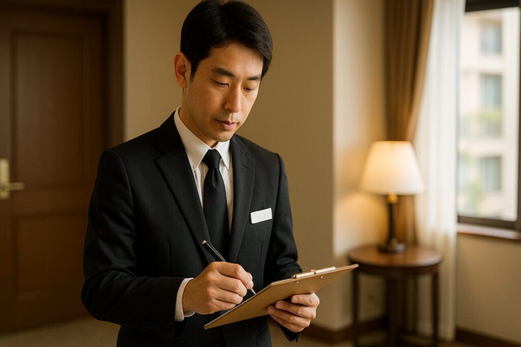 ホテル業界の従事者がチェックリストをチェックしている様子