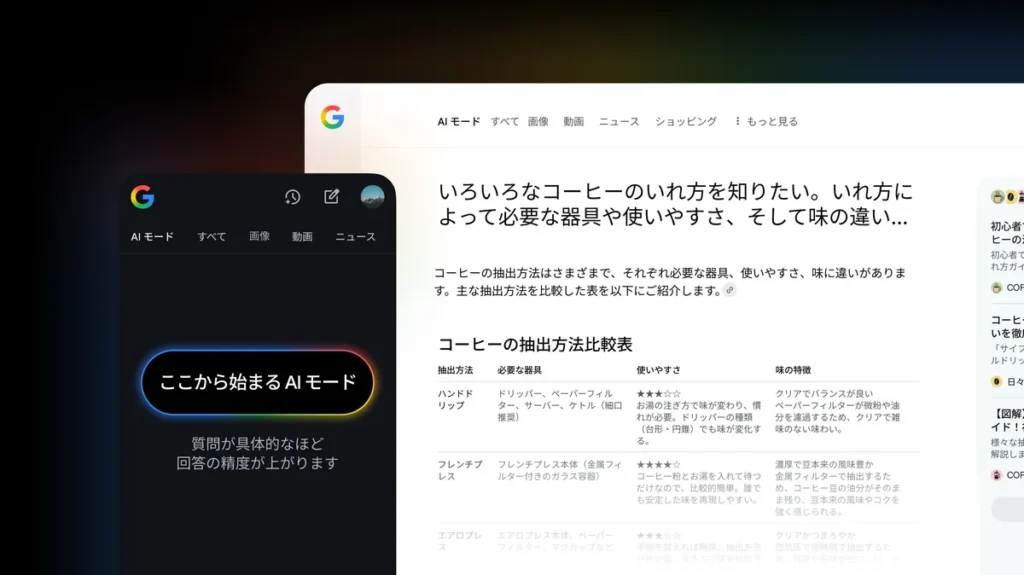 Google 検索のAIモードのトップ画面の画像(モバイルとPC)