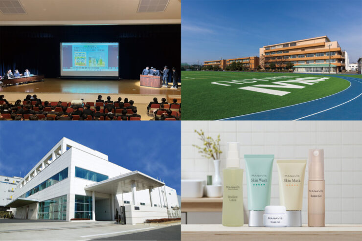 左上から時計回りに、全体報告会の様子／東海大学付属浦安高等学校／マナビス化粧品5点セット／株式会社マナビス社屋