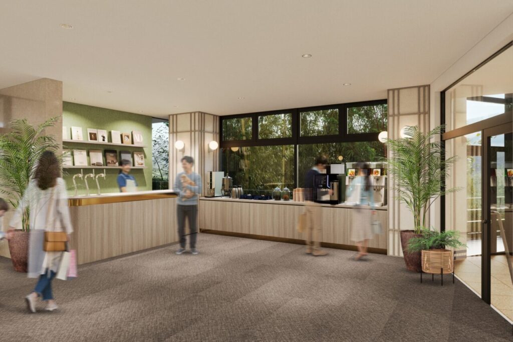 チェックイン時や湯上りなどに自由にご利用いただけるわんわんラウンジのイメージ、飼い主様には無料のドリンクを、わんちゃんには専用のおやつビュッフェ