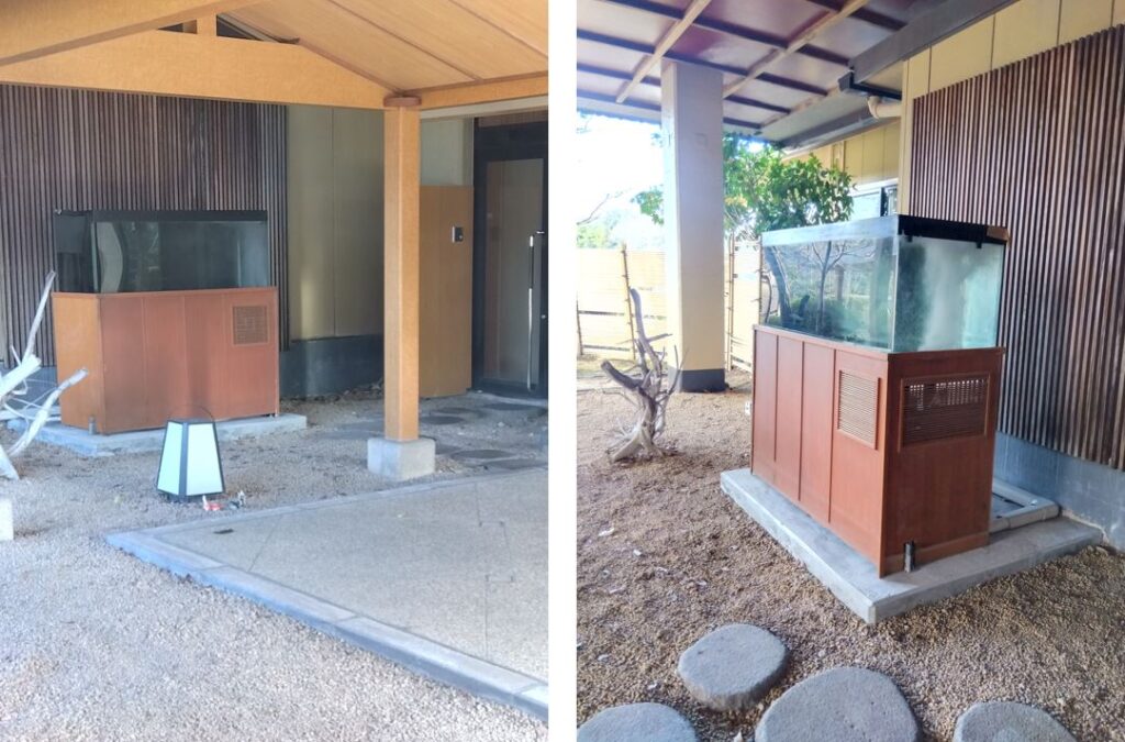 「滝亭」敷地内に移設・設置した活魚水槽。今後、周辺の意匠や導線を整え、体験提供に向けた環境を整備します。