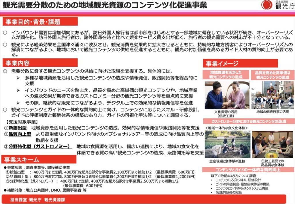 観光需要分散のための地域観光資源のコンテンツ化促進事業の概要説明資料