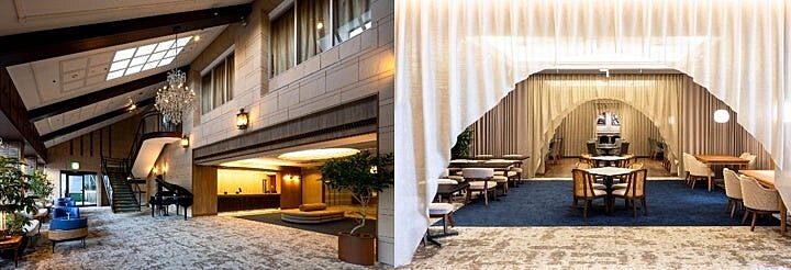 大洗パークホテル ホテルロビー ©Anna Nagai／レストランフロア ©Anna Nagai