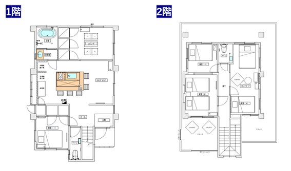 VILLA fantasia Okinawa Chatan 1階・2階の間取り図